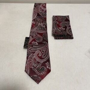 Burgundy Pink Paisley Hisdern Long Tie With Matching Handkerchief New With Tags